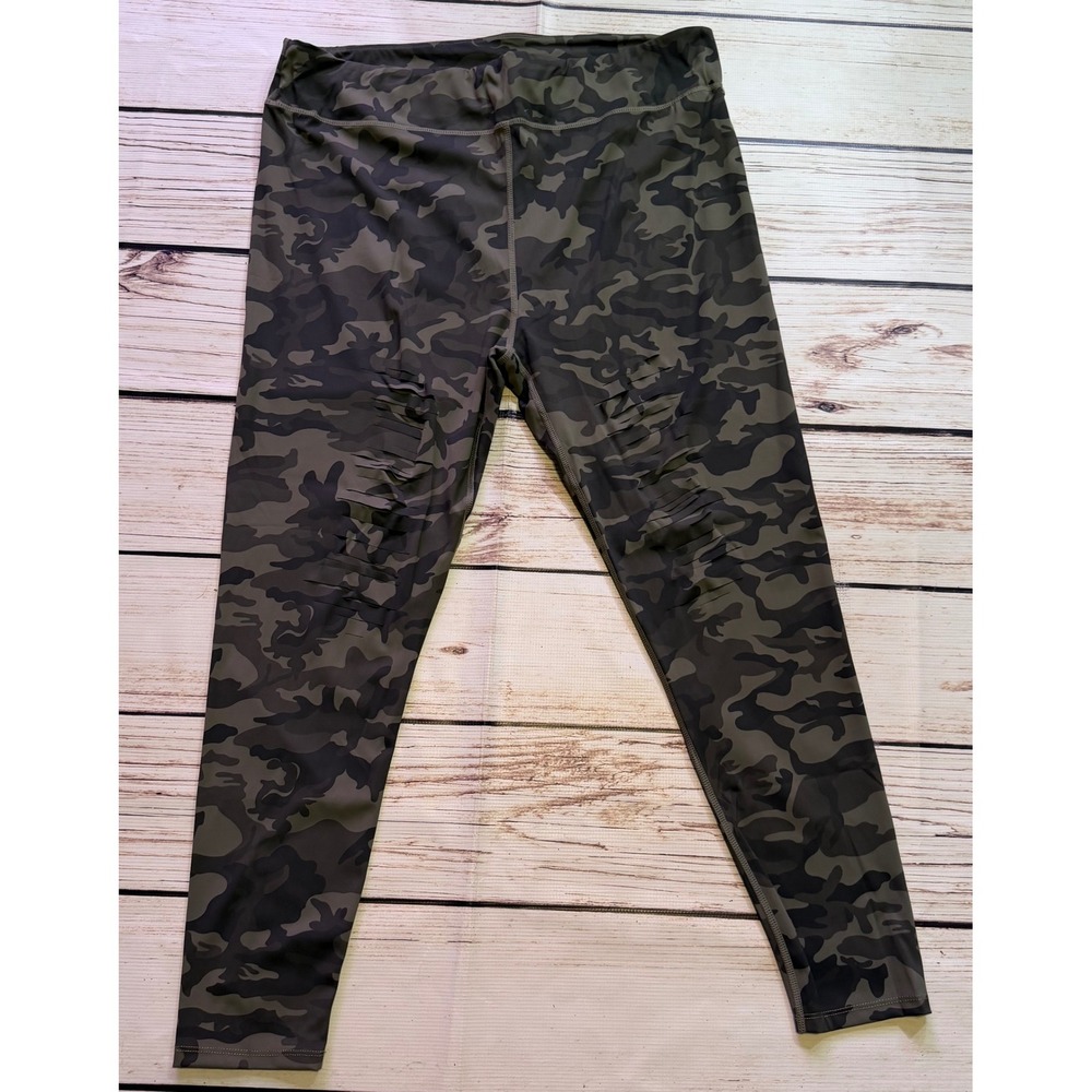 White Birch Womens Camo Shredded Distressed Leggings Green Brown 3X